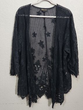 Chicwe Black Crochet Lace Kimono Cover-Up 2X Whimsigoth Witch